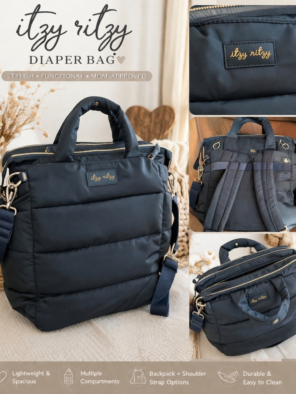 Itzy Ritzy Navy Quilted Diaper Bag Backpack